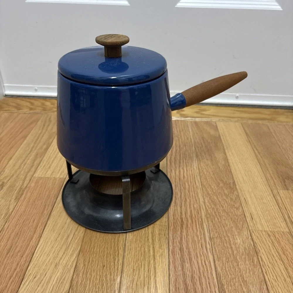 MCM Copco Michael LAX Design Holland Blue Enamel Fondue Pot Wood‎ Handle Vintage